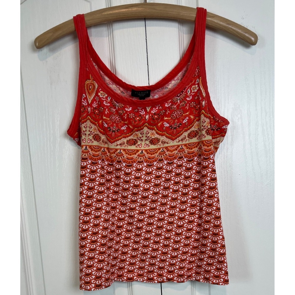 Talbots Tank Top Women Small Red Paisley Scallop Print Sleeveless Scoop Neck F21